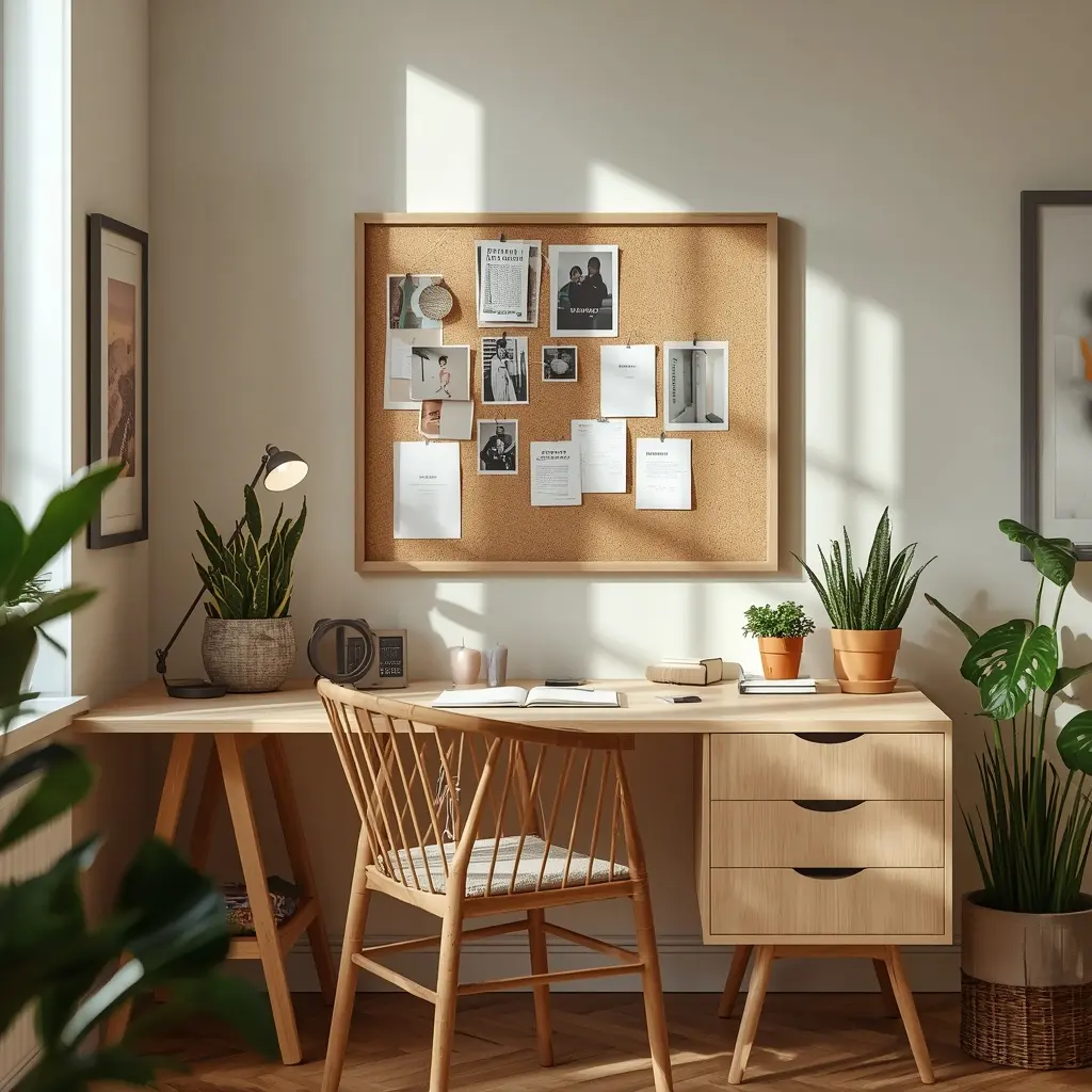U Brands cork bulletin board with birch wood frame mounted above a workspace desk